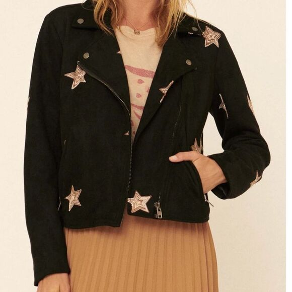 PROMESA | Star Catcher Vegan Suede Embroidered Moto Jacket Women’s Size Small - Picture 1 of 15